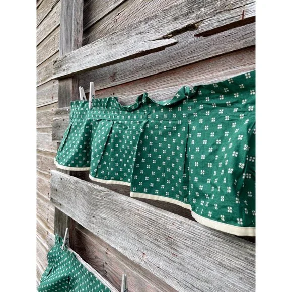 Vintage Pair 1960s Green/Beige Dot Pleated Curtain Valance Cotton - Picture 2 of 16